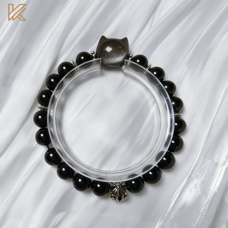 Pulsera Gato Místico | Obsidiana Plateada