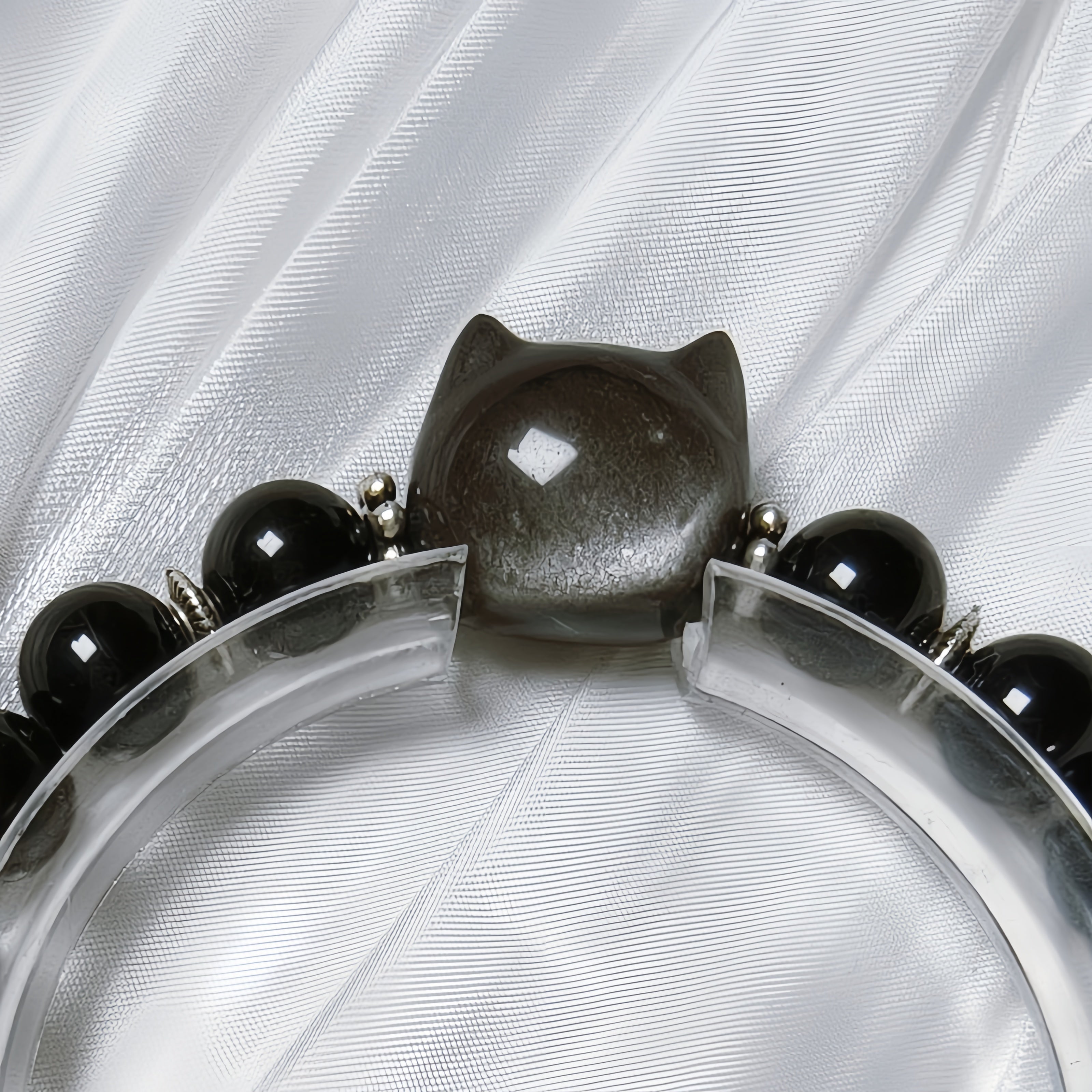 Pulsera Gato Místico | Obsidiana Plateada